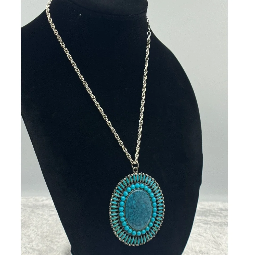 Vintage Sarah Coventry Faux Turquoise Sunburst Pendant Bold‎ Statement Necklace
